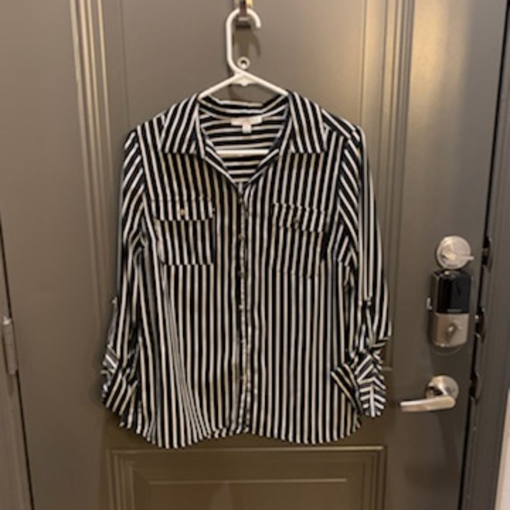 Notations black and white striped blouse, size petite medium